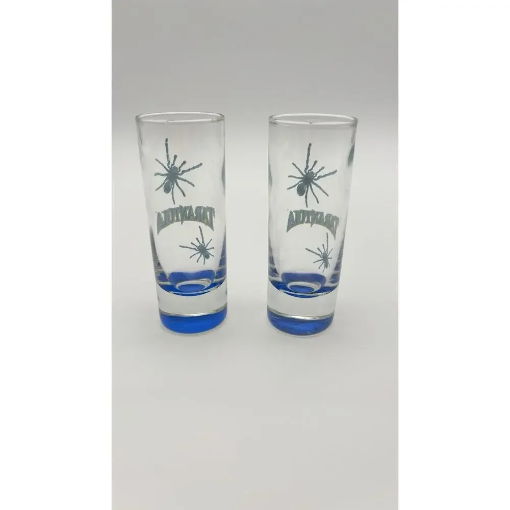 Set Of 2 Tarantula Tequila Shot Glasses Spiders Blue & Clear Very Good Condition
